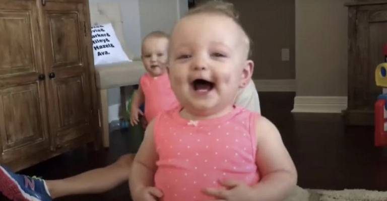 Baby Takes First Steps And Falls Over With Laughter