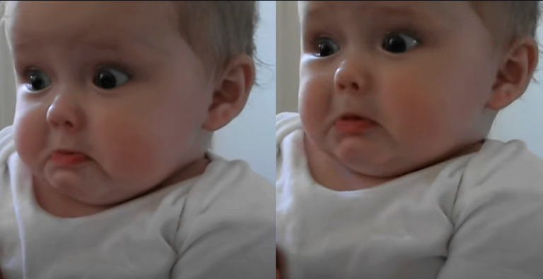 Cute baby was scared when dad began to sing