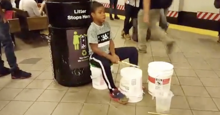 Talented Kid Drums On Buckets For Subway Performance