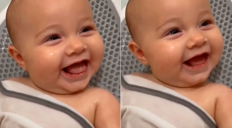 Baby Giggling with Delight in Bath Time: An Irresistibly Cute Sight