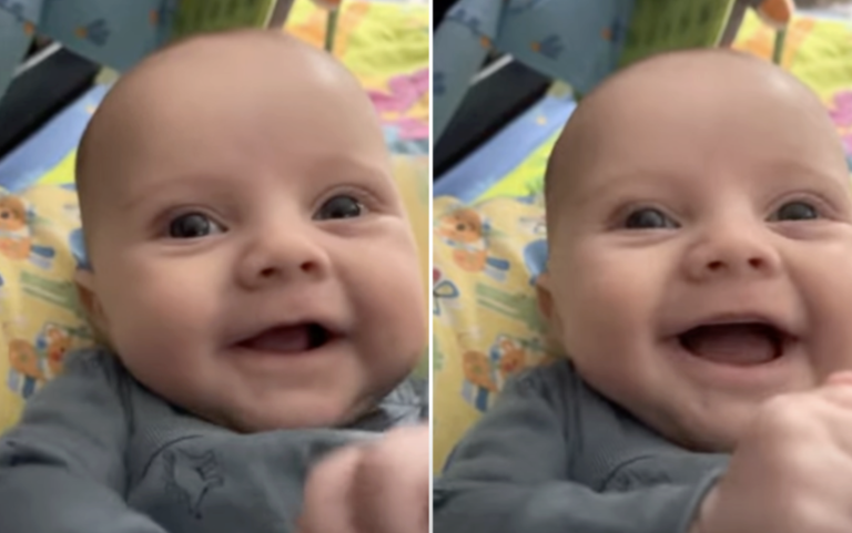 3 month old baby playing and smiling with his mom. Cuteness overload