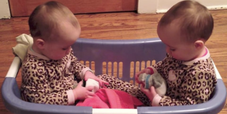 Mom walks in on twins in the laundry basket, can’t stop cracking up at their adorable conversation