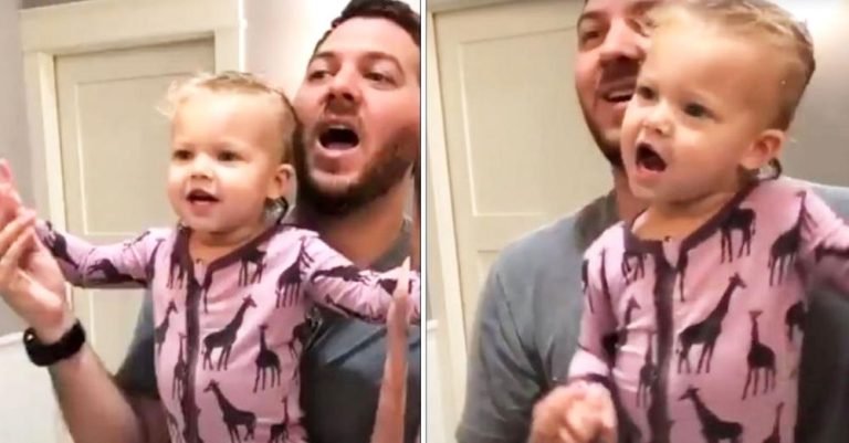 Daddy And Toddler Sing “My Girl” In Front Of Mirror And Mom Hits “Record” Just In Time