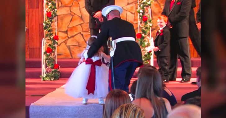 Marine Officer Helps Flower Girl Walk Down The Aisle