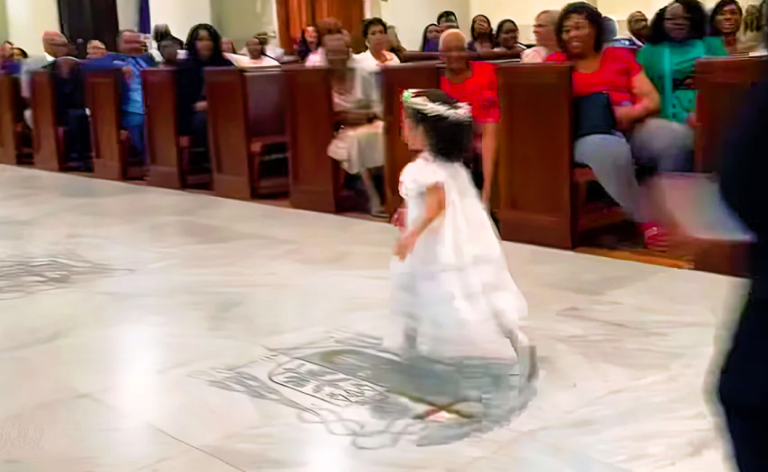 Flower girl’s hilarious quick exit leaves wedding guests laughing