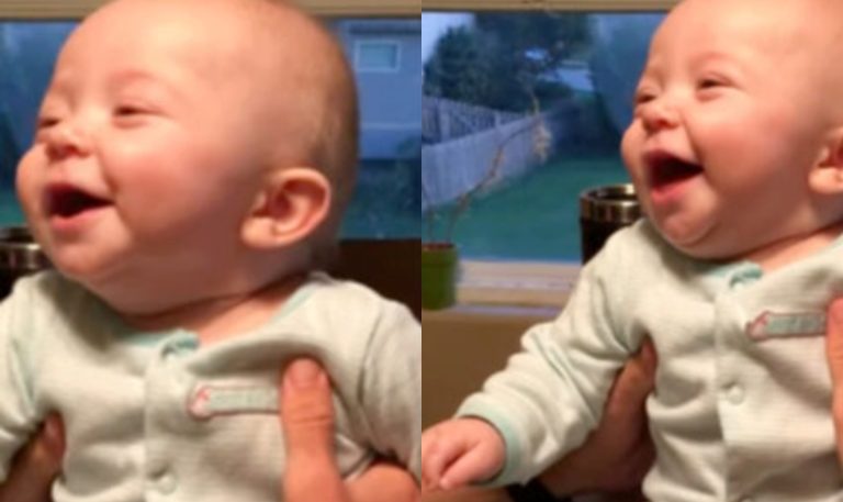 The baby’s first laugh enchants the whole family. Cute baby