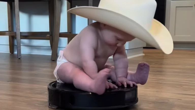 Cowboy Baby Practices Bull Riding While Helping Mom With Chores In Cute Video