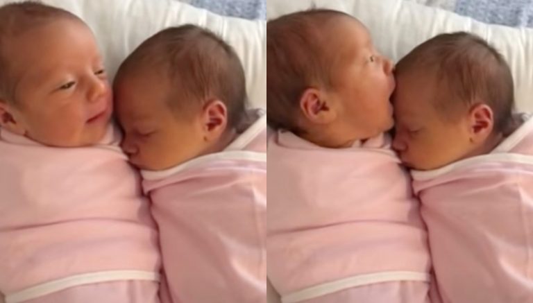 Twin newborn girls sharing an adorable kiss