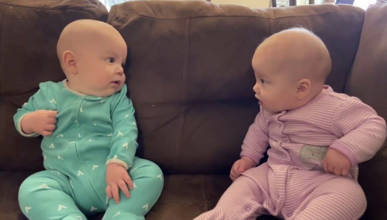 When giggles speak louder than words! Five-month-old twins are having a conversation