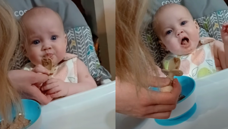 Baby’s first time eating steak at 7 months old.