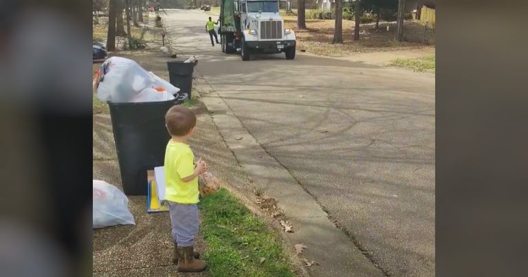 3-year-old waits patiently for garbageman buddy then gives him the sweetest gift