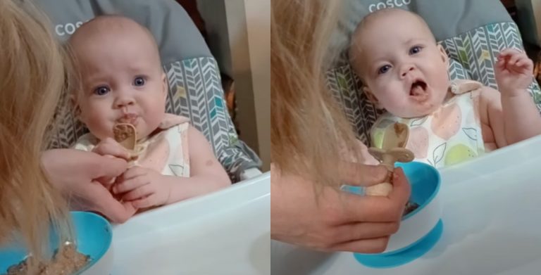 Baby’s first time eating steak at 7 months old.