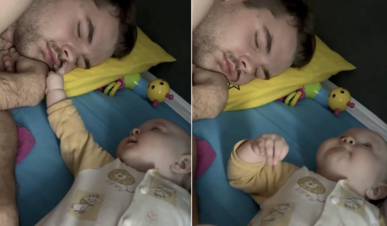 Adorable infant attempts to rouse her father. “If I don’t sleep, my dad should not sleep too”.