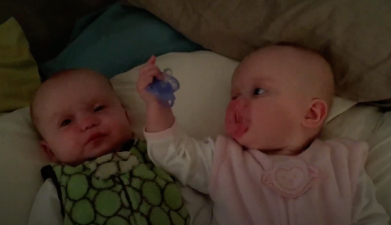 Baby girl twin steals her brothers pacifier over and over!