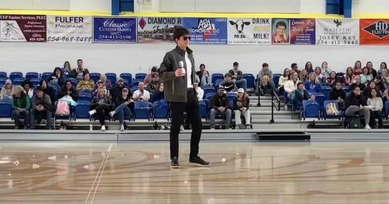 Quiet teen grabs mic at pep rally then sings Elvis classic with a voice no one saw coming