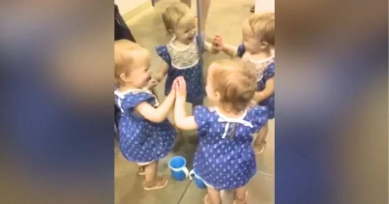 Adorable giggly baby can’t contain joy when she sees her ‘quadruplets’ in mirror