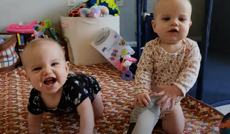 Double the Fun: Twins play trying to pick a toy