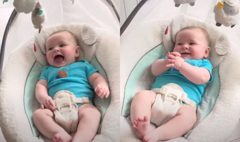 3.5-month-old Baby James having fun in his bouncer swing, bubbling, cooing, and laughing.