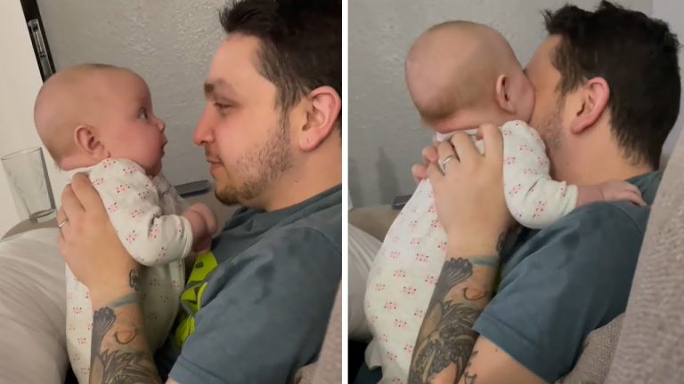 This adorable teething baby uses dad’s face to itch the unbearable scratch. Too funny!