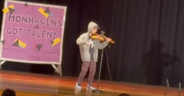 Boy whips out violin at school talent show and brings down the house