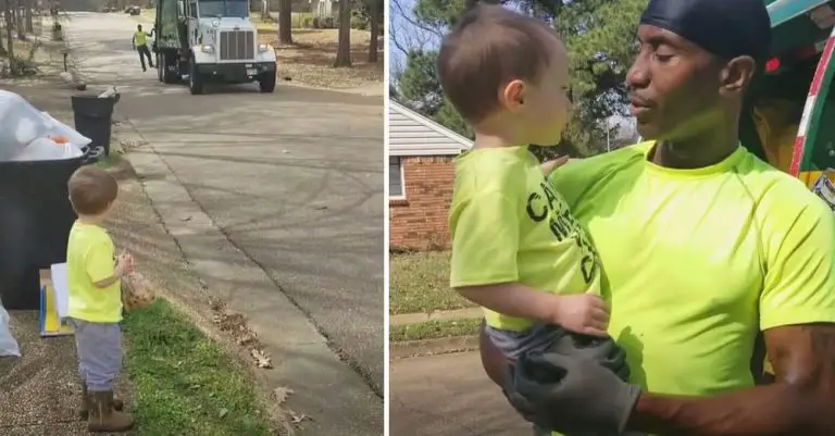 3-year-old waits patiently for garbageman buddy then gives him the sweetest gift