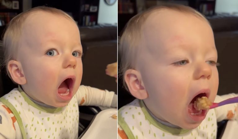 The blue-eyed baby boy will steal your heart with his sweet way of eating