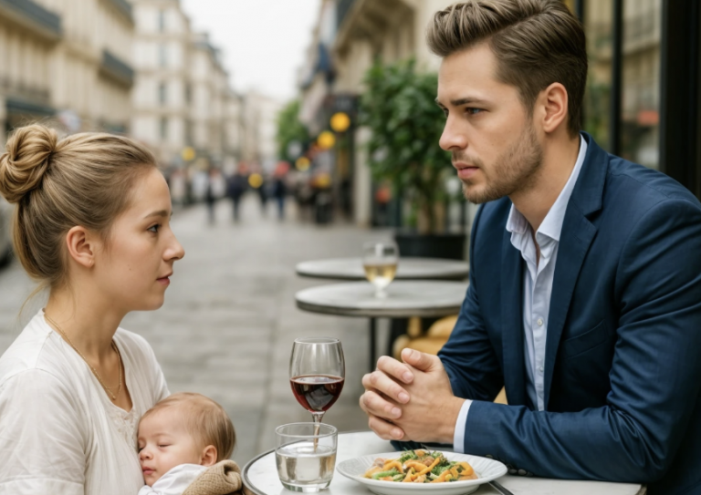 She lowered herself beside his sidewalk table, quiet as a breath, the newborn tucked against her chest. “Please. I’m not asking for money—just a moment.” The man in the suit glanced up from his wine, not yet knowing that a few simple words were about to rearrange his entire belief system.